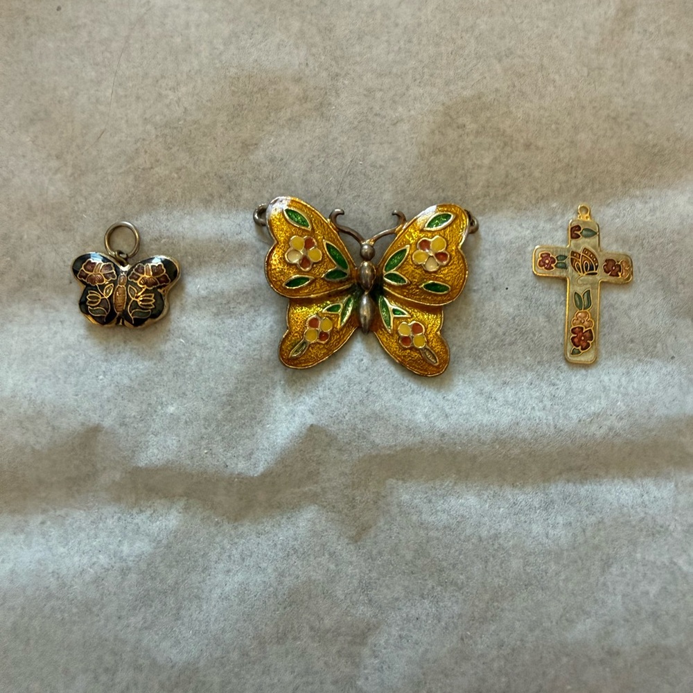 Enamel Butterfly & Cross Trio Charms - Gold, Green, Black